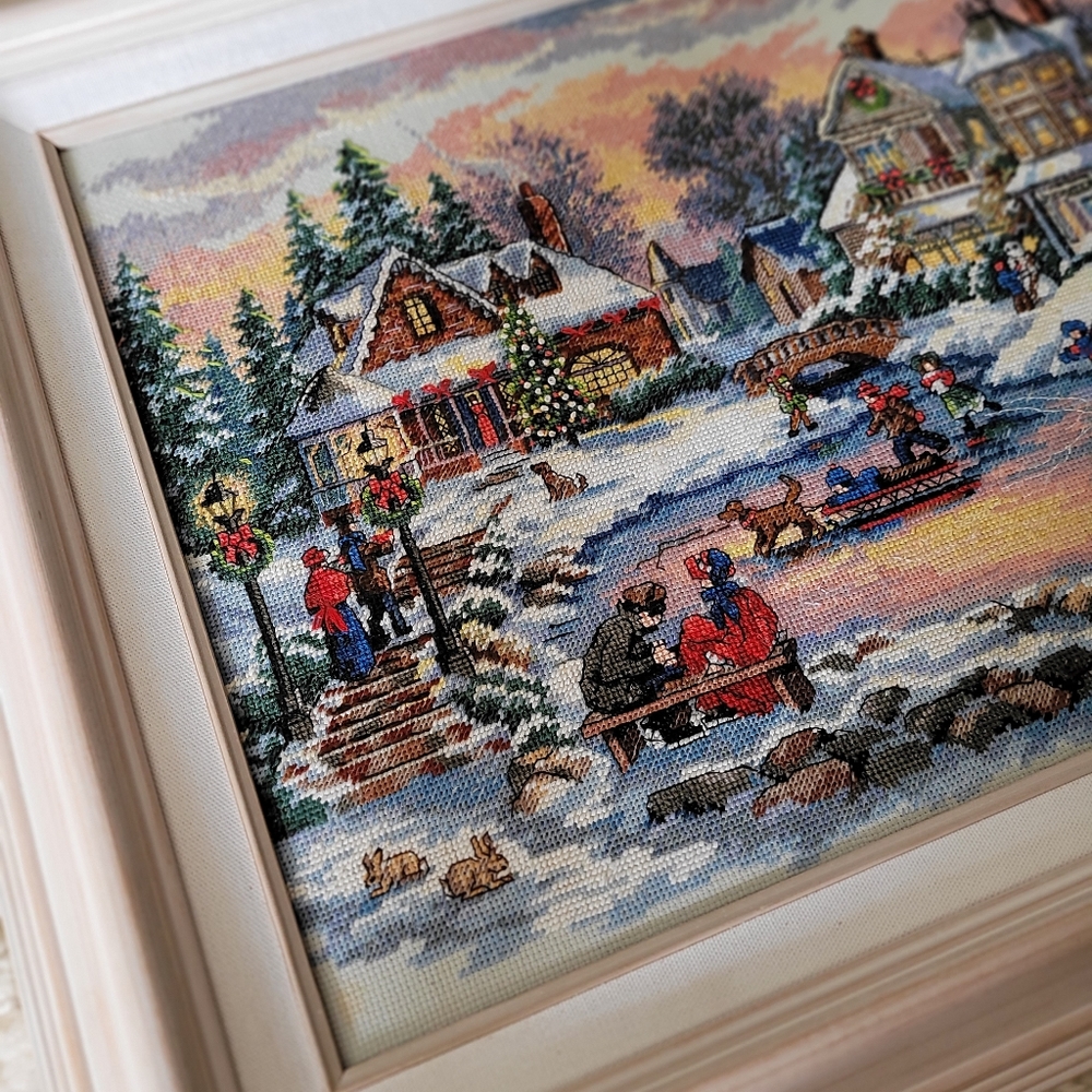 Vintage Needlepoint Crewel Framed Christmas Sceen 16" x 12" Wall Art Framed - Picture 3 of 9